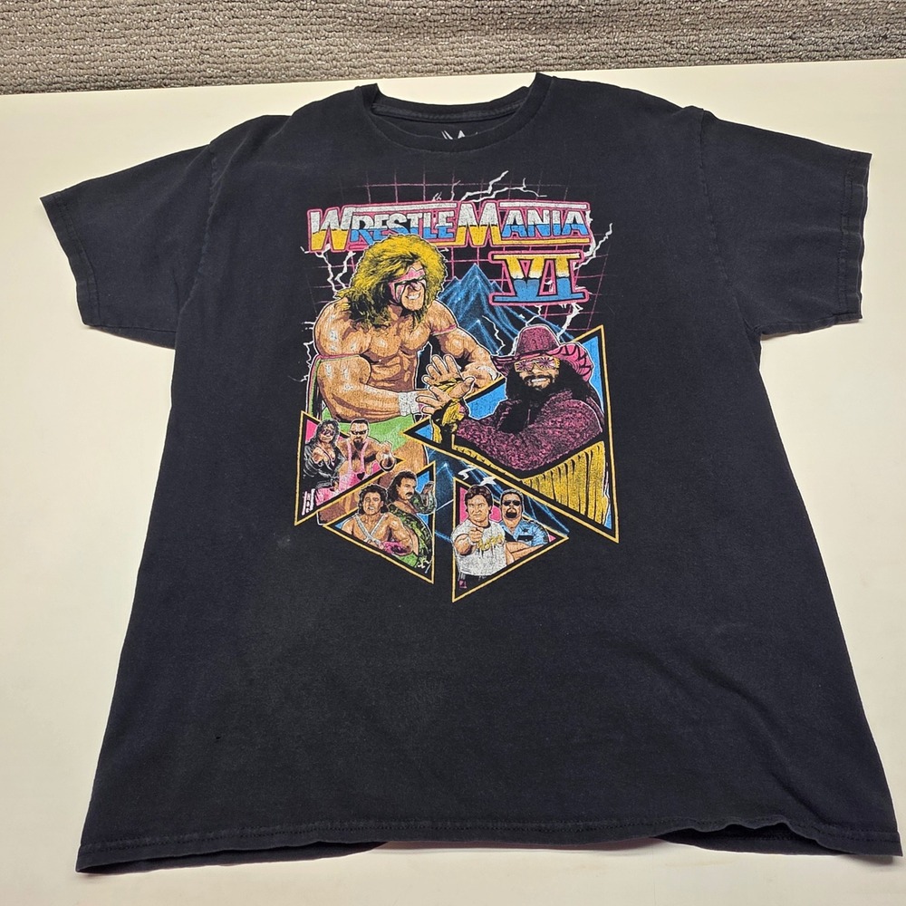 WWE WrestleMania‎ VI Graphic T-Shirt Mens Large Black Ultimate Warrior Macho Man